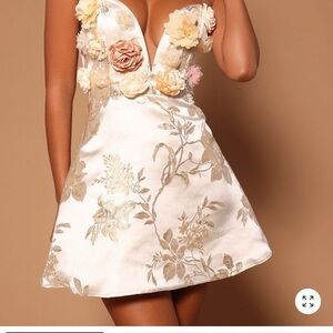Fashion Nova Ivory Floral Appliqué Mini Dress with Pastel Blooms